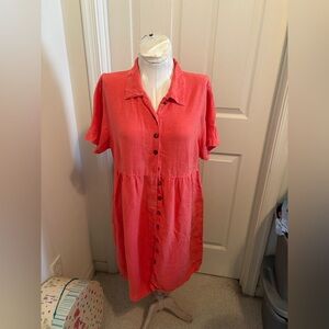 Kiki 100% linen Coral Button-Front Shirt Dress